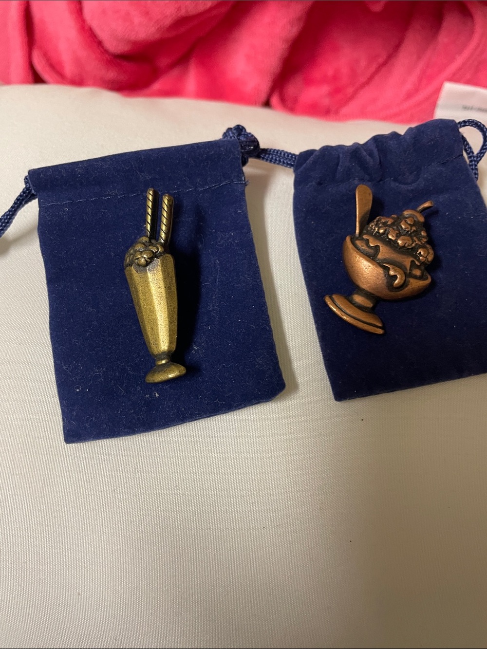 JJ Jonette stickpins, ice cream sundae bronze collar, milkshake golden.